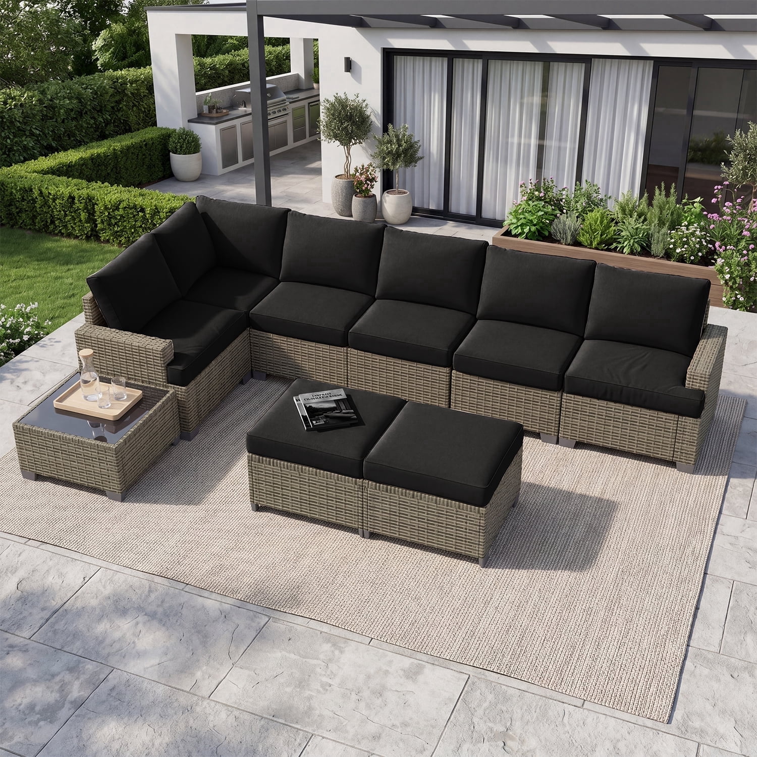 Clouddwell 9 Piece Outdoor Sectional Set with Swivel Rocker Chairs of 2, Wicker Rattan Patio Conversation Sets, Black
