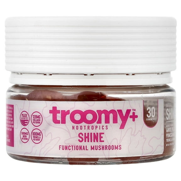 Troomy Nootropics Shine, Functional Mushrooms Gummies, White Peach Pomegranate, 30 Gummies
