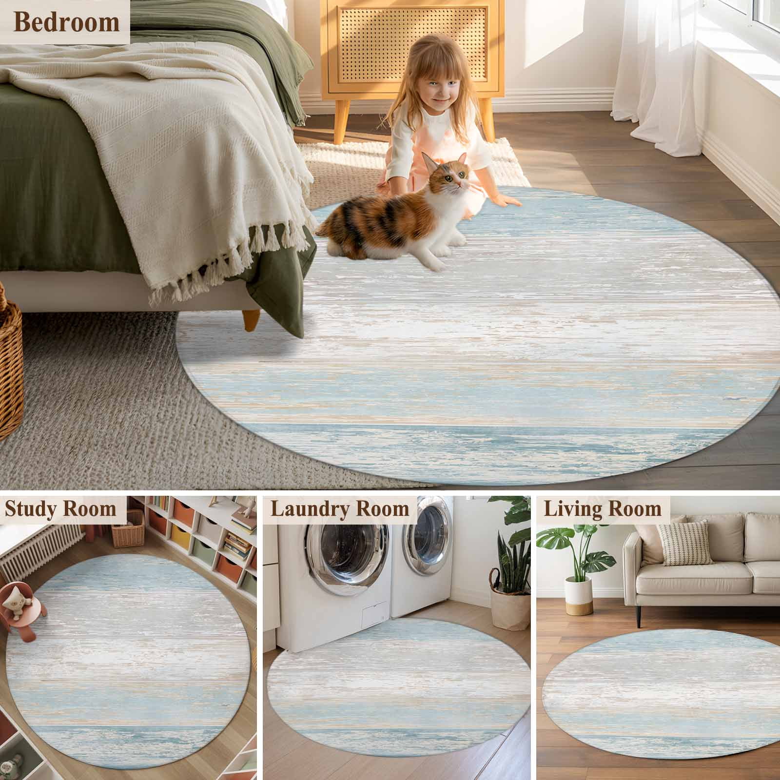 Blue Beige Farmhouse Round Area Rug 4 FT, Non Slip Indoor Outdoor Rug, Vintage Wooden Striped Washable Soft Circular Carpet Non-Shedding Floor Mat for Coffee Table Nursery Foyer Balcony
