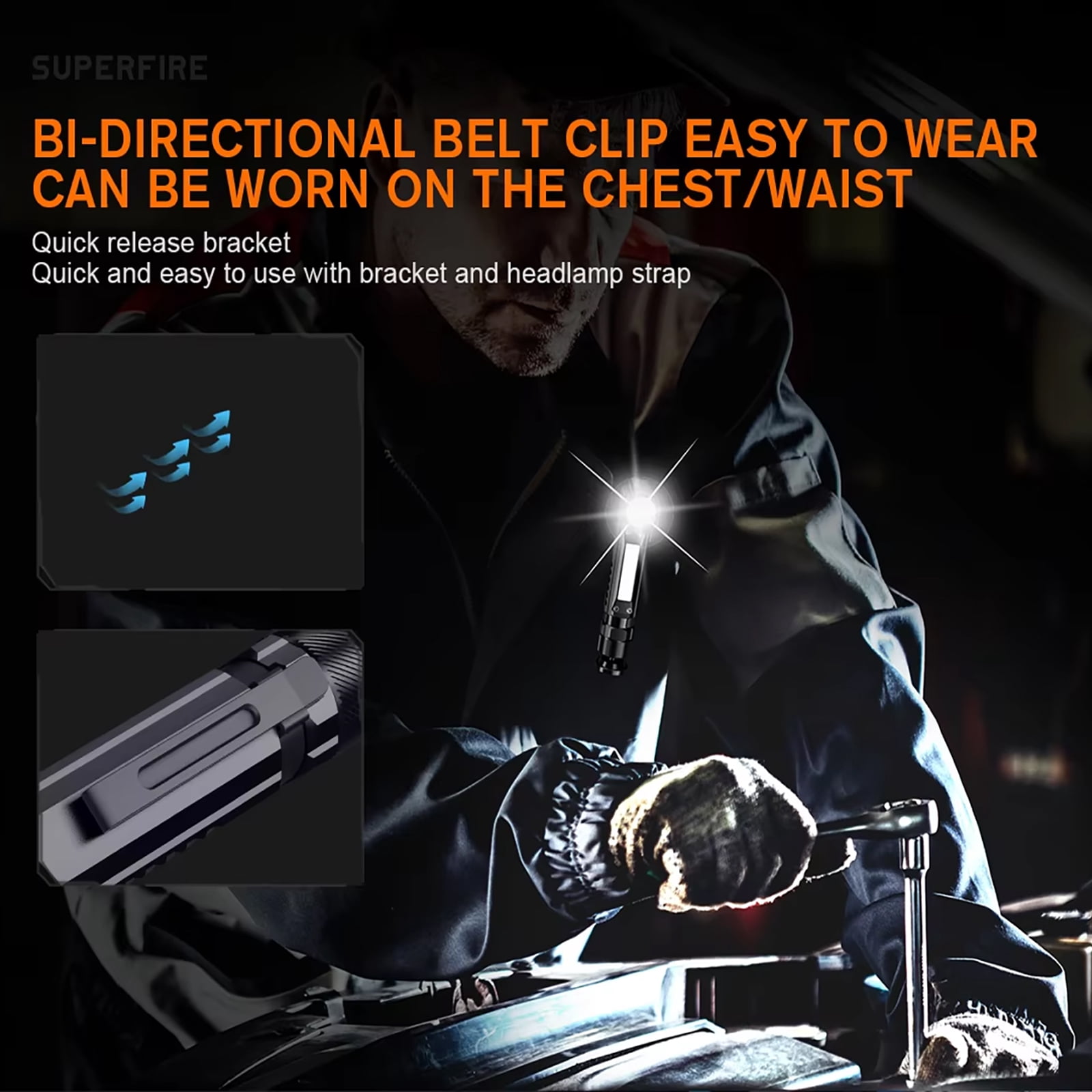 Powerful Magnetic Flashlight, High Lumen | Rechargeable, 5 Light Modes, COB Side Lights&LED Flashlight, Magnetic Adjustable Base l Pocket Clip, Waterproof Suitable for Camping, Hiking