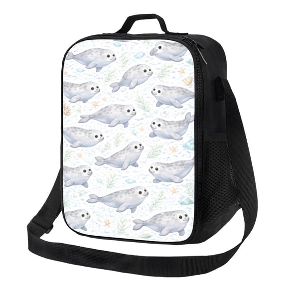 Cute Ocean Seal Lunch Bag Insulated Thermal Box with Shoulder Strap & Handle for Work and Picnic