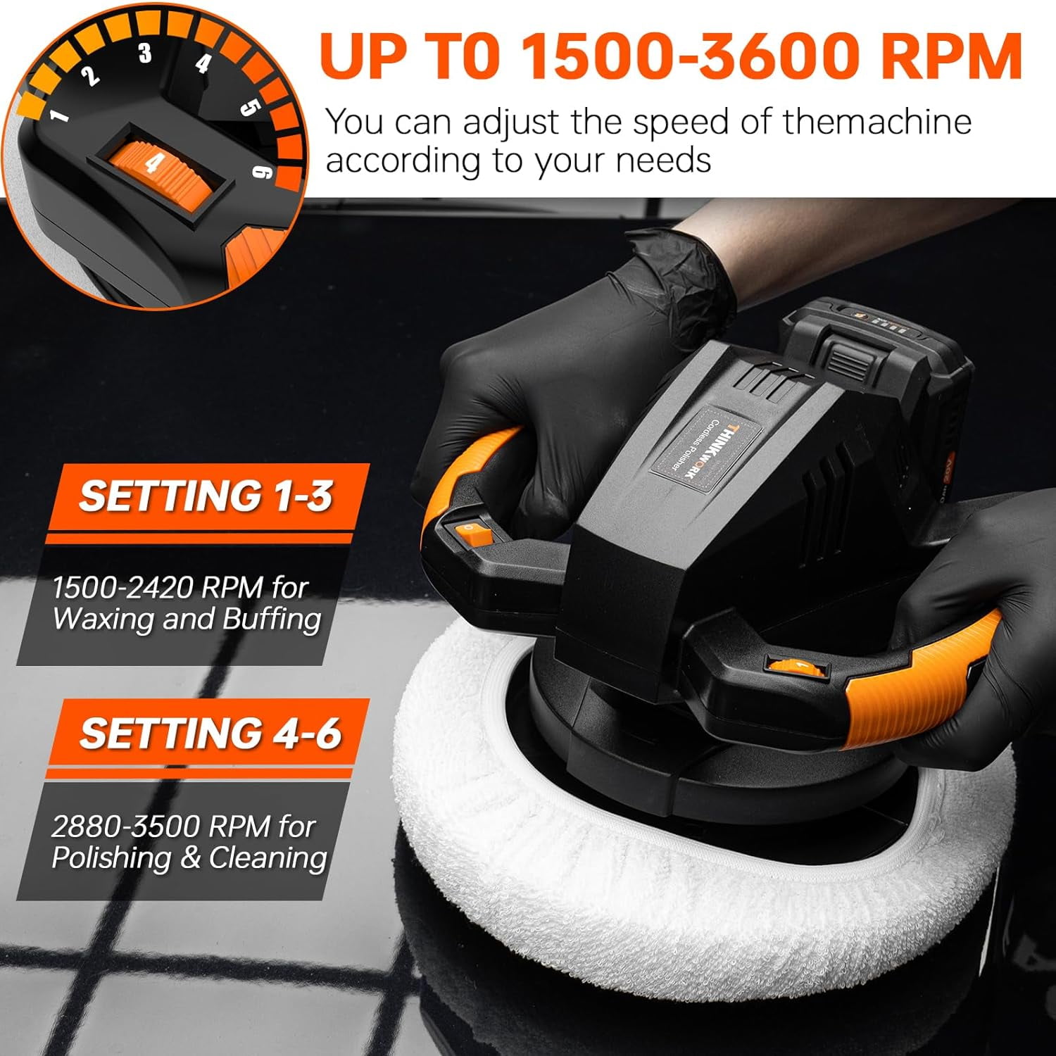 THINKWORK Portable 20V Cordless Buffer Polisher - 10-Inch Polishing Machine Kit for Car with 2Ah Rechargeable Battery, 6 Variable Speed 1500-3600RPM, Double Handle, Ideal for Car Waxing