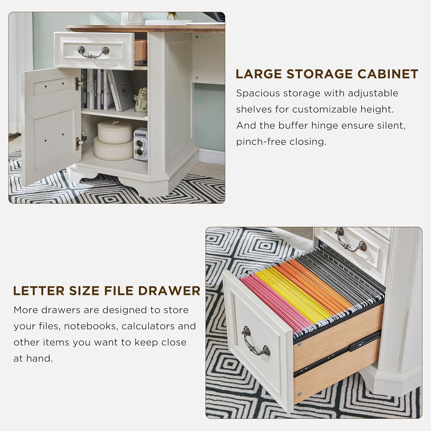 OKD Farmhouse L Shaped Desk with Charging Station and Drawers，Engineered Wood Executive Desk，for Home Office & Living Room