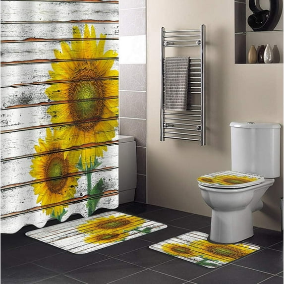 FMSHPON Floral 4 Piece Bathroom Set Shower Curtain Bath Rug Contour Mat and Toilet Lid Cover