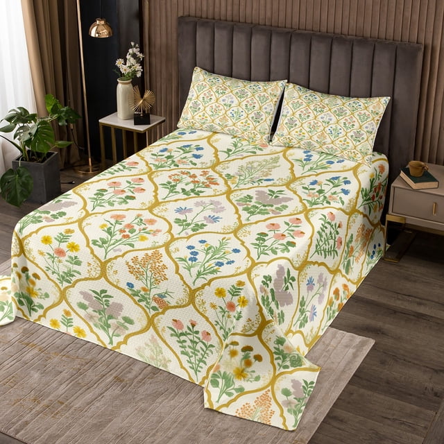 Rustic Flowers Bedspread Twin Size,Spring Natural Garden Blooming Floral Bedding Set 2pcs for Living Room,Retro Botanical Plants Grids Patchwork Yellow Quilted Coverlet with 1 Pillowcase