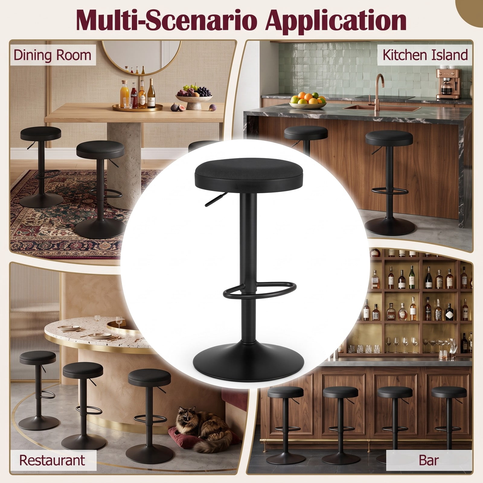 Furnibear Set of 2 Adjustable Bar Stools, 360 Swivel Kitchen Counter Height Stools with Padded Fabric Seat, D-Shaped Footrest and Non-Slip Base, 330 lb Capacity, Black