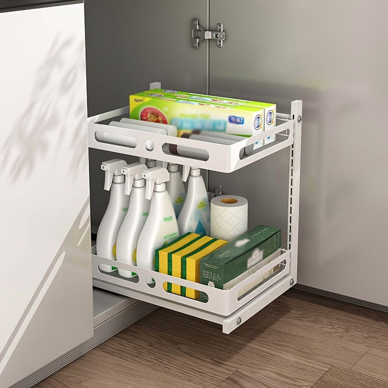 Under Sink Organizer, Pull Out Cabinet Organizers, Slide Sink Steel Shelf Cabinet Storage Shelves, Under Sink Storage for Kitchen Bathroom Cabinet (White, 2 Pack)