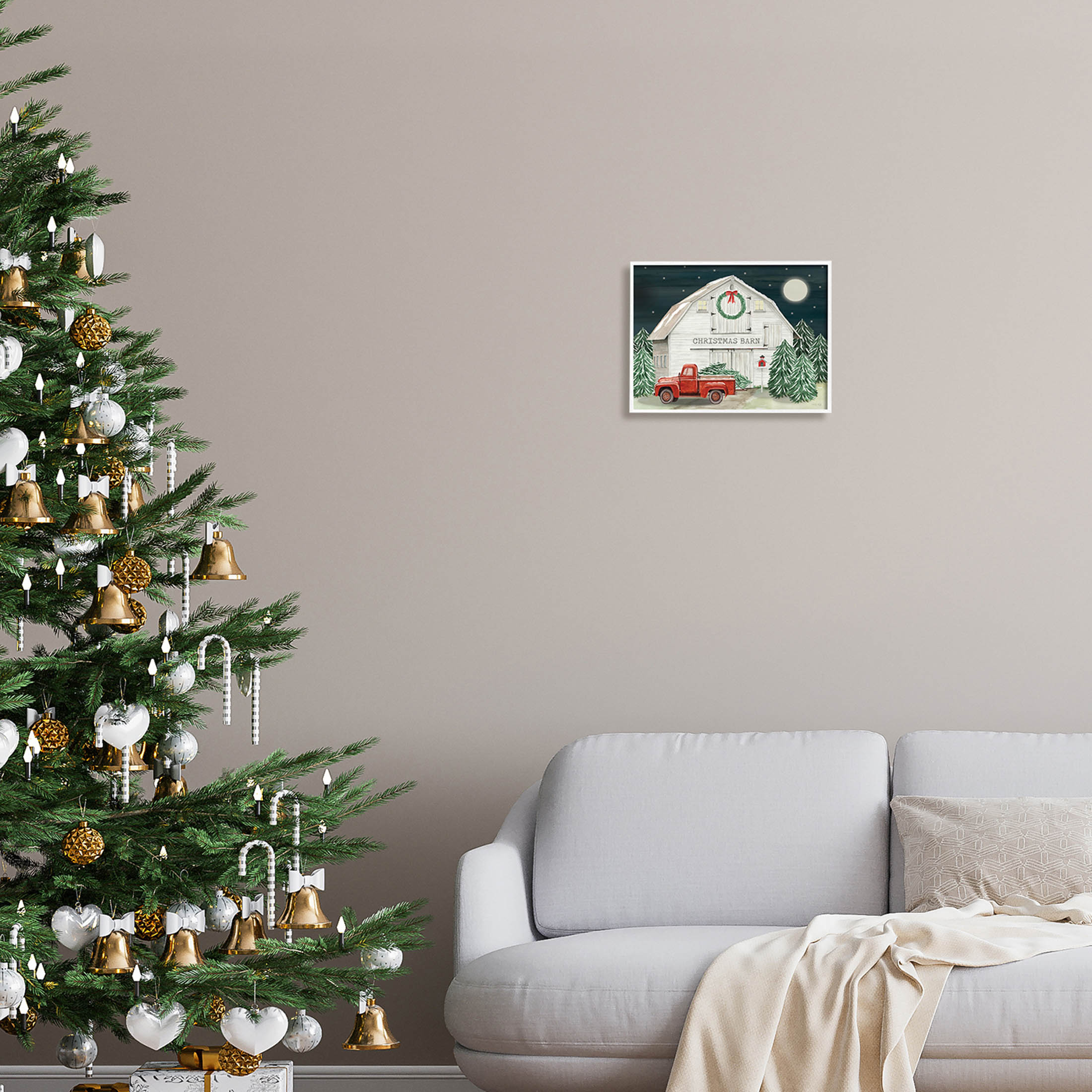 Nighttime Christmas Barn Farm Holiday Graphic Art White Framed Art Print Wall Art