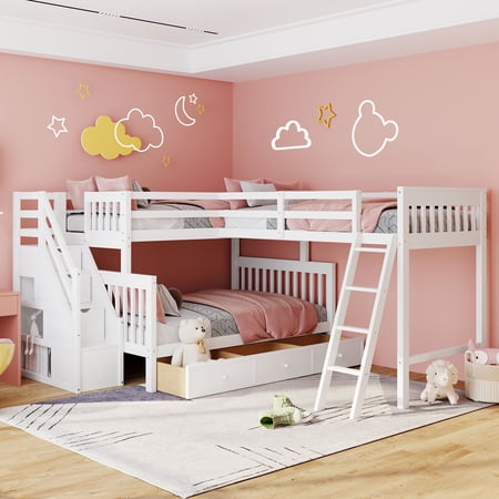 CoSoTower Twin Over Full L-Shaped Bunk Bed With 3 Drawers, Ladder And Staircase - White