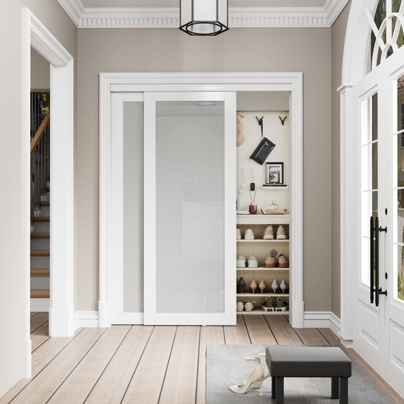 48" x 80" Sliding Closet Door Primed Frosted Glass Panels With Installation Hardware Kit