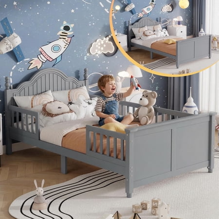 Mirightone Wood Twin Bed Frame with Rails, Twin Size Low Platform Bed with Headboard and Footboard, Low Twin Bed Frame for Girls & Boys, Gray