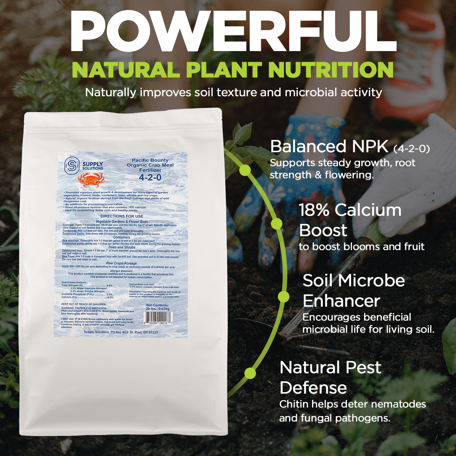 Supply Solutions Organic Crab Meal Fertilizer 4-2-0 | 18% Calcium | Natural Soil Amendment for Garden, Lawn, and Flower Beds | Improves Soil Health & Boosts Plant Growth (20lbs)