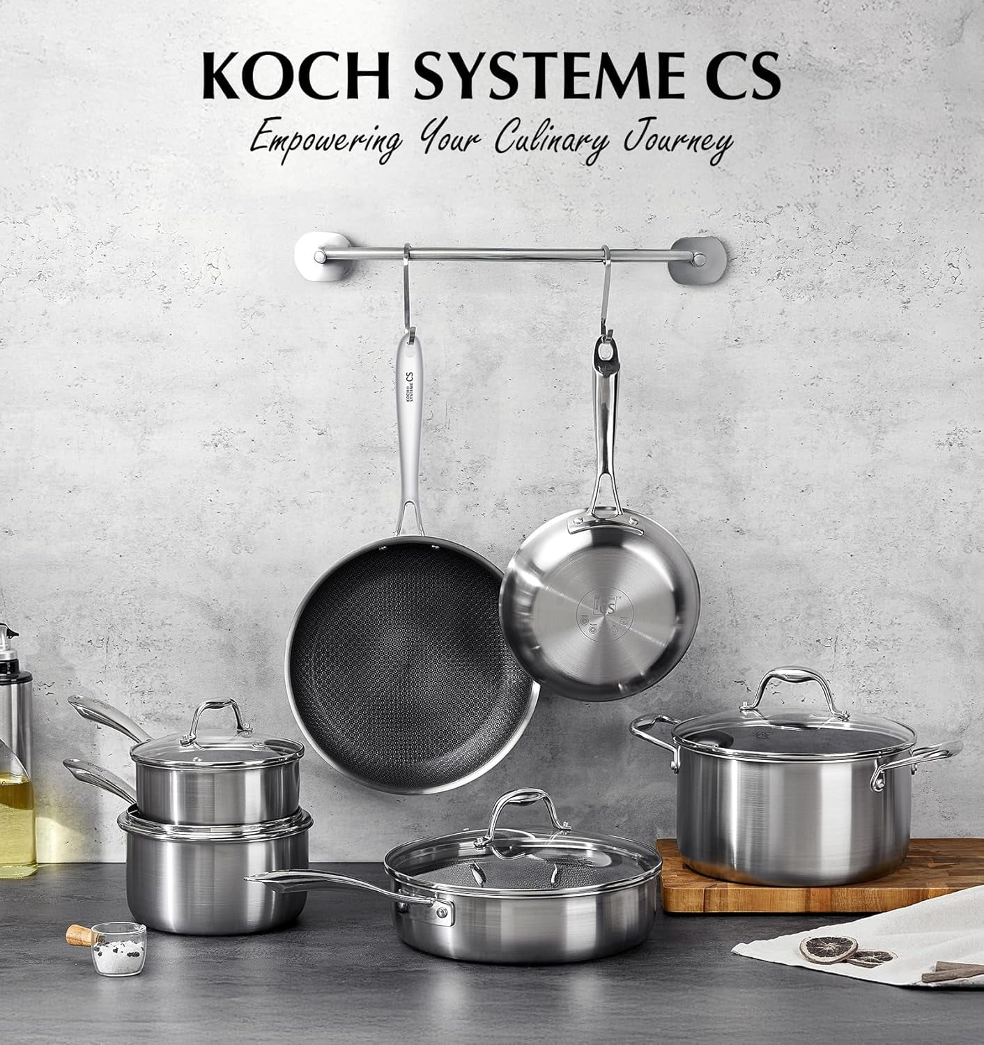 Koch Systeme CS Triply Stainless Steel Cookware Set 10 Piece, Nonstick Hybrid Kitchen Pots and Pans Set with Honeycomb Interior, Induction Compatible