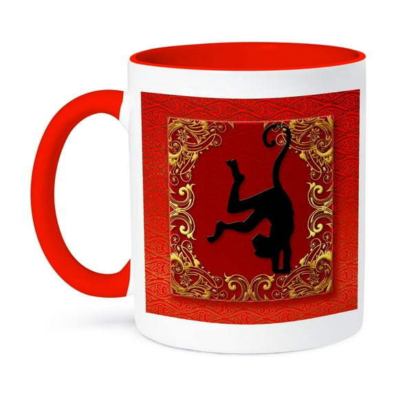 3dRose, Chinese Zodiac Year of the Monkey Chinese New Year Red, Gold and Black , 11oz Two-Tone Red Mug