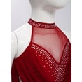 thumbnail image 4 of iixpin Girls Sleeveless Mesh Drapes Tassels Bodysuit for Samba Rumba Latin Rhinestones Dance Dress with Gloves Burgundy 6, 4 of 7