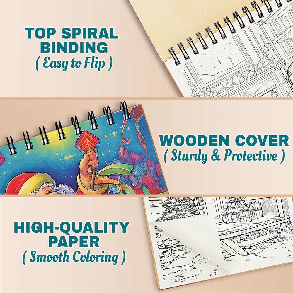 Netecom Christmas Adult Coloring Book Spiral Bound for Adults, A5 Wooden Cover, 30 Festive Coloring Pages of Christmas Traditions for Stress Relief and Relaxation
