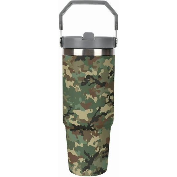 30 Oz Insulated Tumblers with Flip Straw Lid Top Handle Hunter Camouflage Pattern Leakproof Reusable Vacuum Stainless Steel Travel Coffee Mug for Car