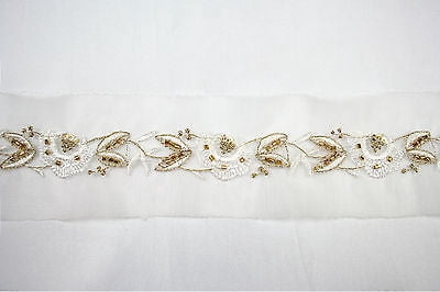 Lily White 2-3/8"  Gold Beaded Sequin Embroidery Organza Lace Trim Insertion