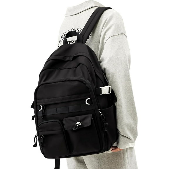 Black School Backpack For Women Men,Aesthetic College Backpack With Lots of Pockets,Lightweight High School Bag,Cute Bookbag