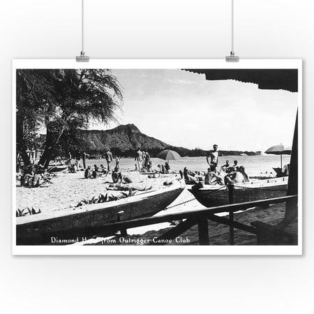 Hawaii Outrigger Canoe Hawaii - O'ahu Island; Diamond Head from Outrigger Canoe Club - Vintage Photograph (9x12 Art Print, Wall Decor Travel Poster) ()