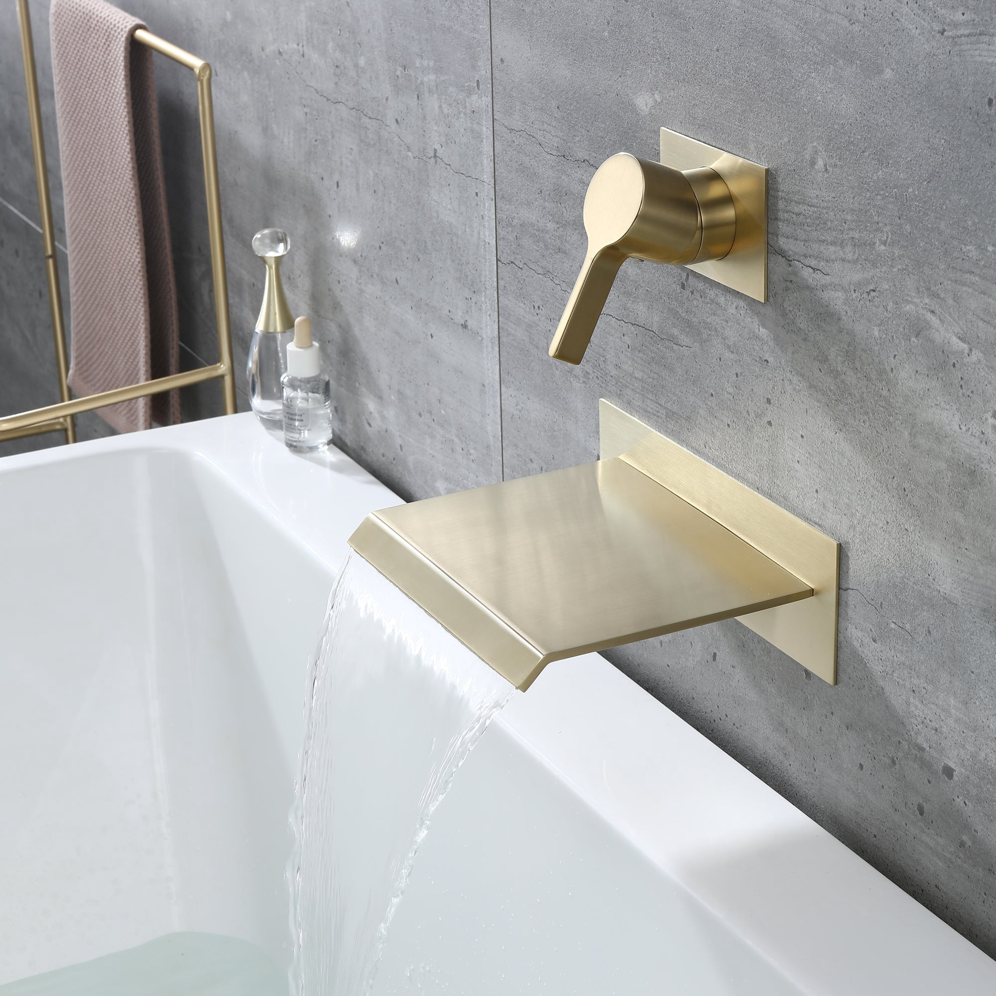 Sumerain Waterfall Wall Mount Tub Filler Faucet with Valve ,High Flow Rate,Brushed Gold