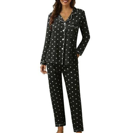 

koaiezne Women Casual Lapel Button Polka Dots Print Two Piece Long Sleeve Pajamas Pajamas Suit Lavender Sleep Big Slipper