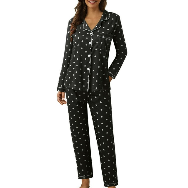 Kcodviy Femmes Décontracté Col à Revers Bouton Pyjama pour Femmes Ensemble Grande Taille Imprimé à Pois Deux Dames Pyjama à Boutons Pièce Pyjama à Manches Longues Cop Pyjama Femmes Ensemble de Pyjama