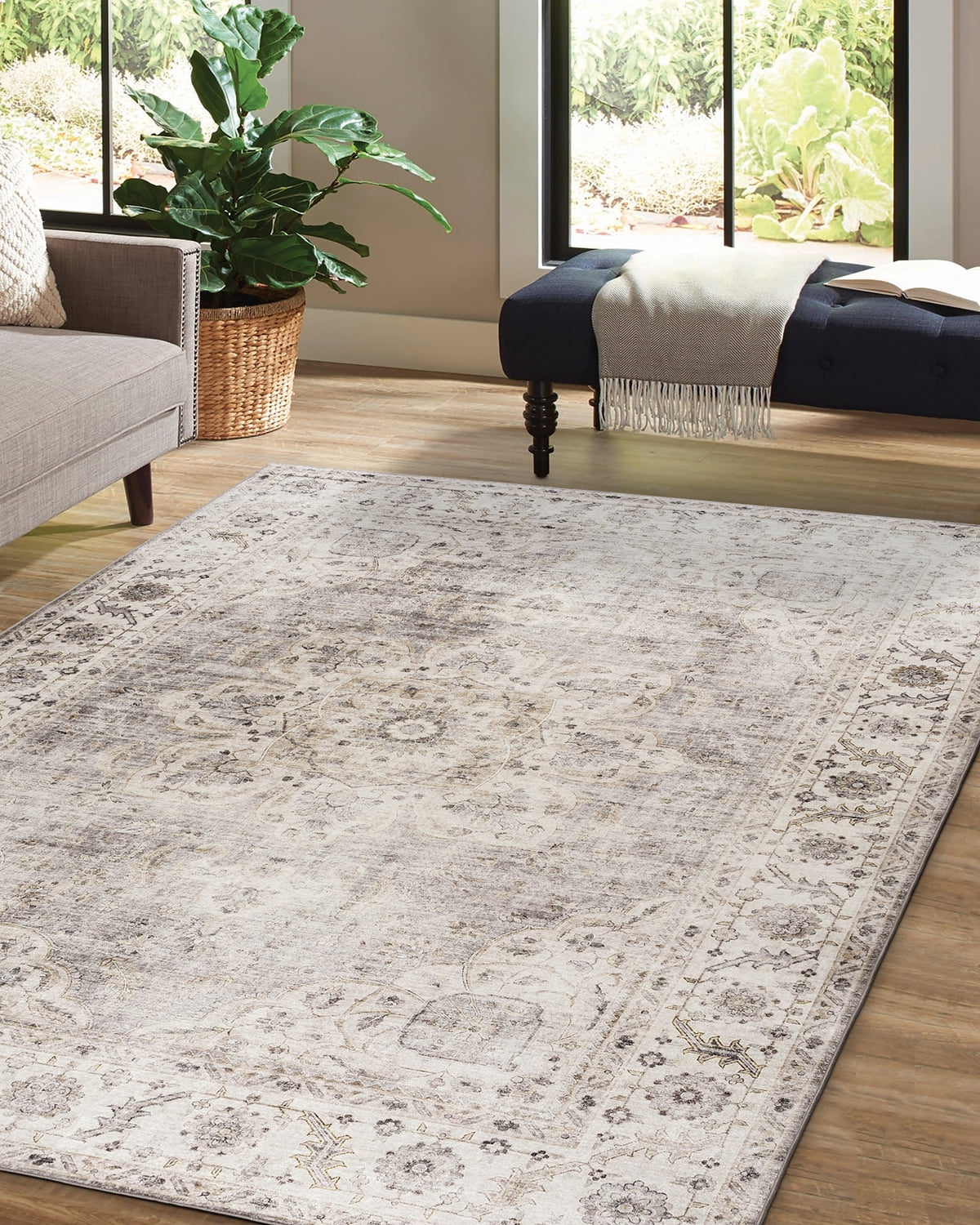 ReaLife Machine Washable Rug - Stain Resistant, Non-Shed - Eco-Friendly, Padded, Family & Pet Friendly - Made from Premium Recycled Fibers - Vintage Bohemian Medallion - Beige Ivory, 7'6" x 9'6"