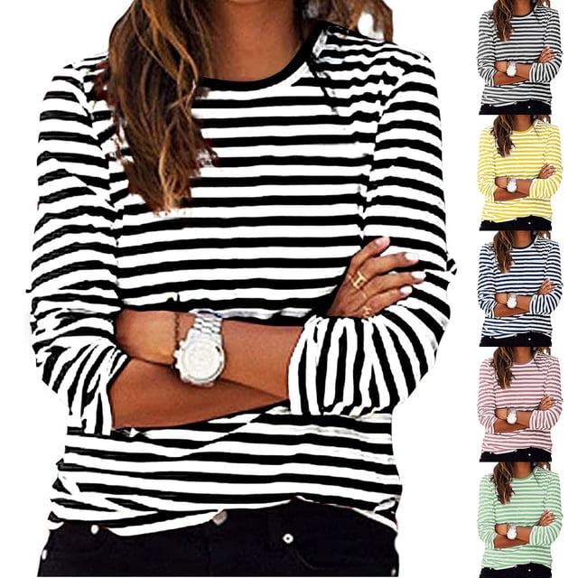 Yuyuzo Hauts pour Femmes Grande Taille Automne Chandails à Manches Longues Col Rond à Blocs de Couleur Rayés Décontractés Confortables Chandails à Enfiler T-Shirts Taille RoseXXXXXL