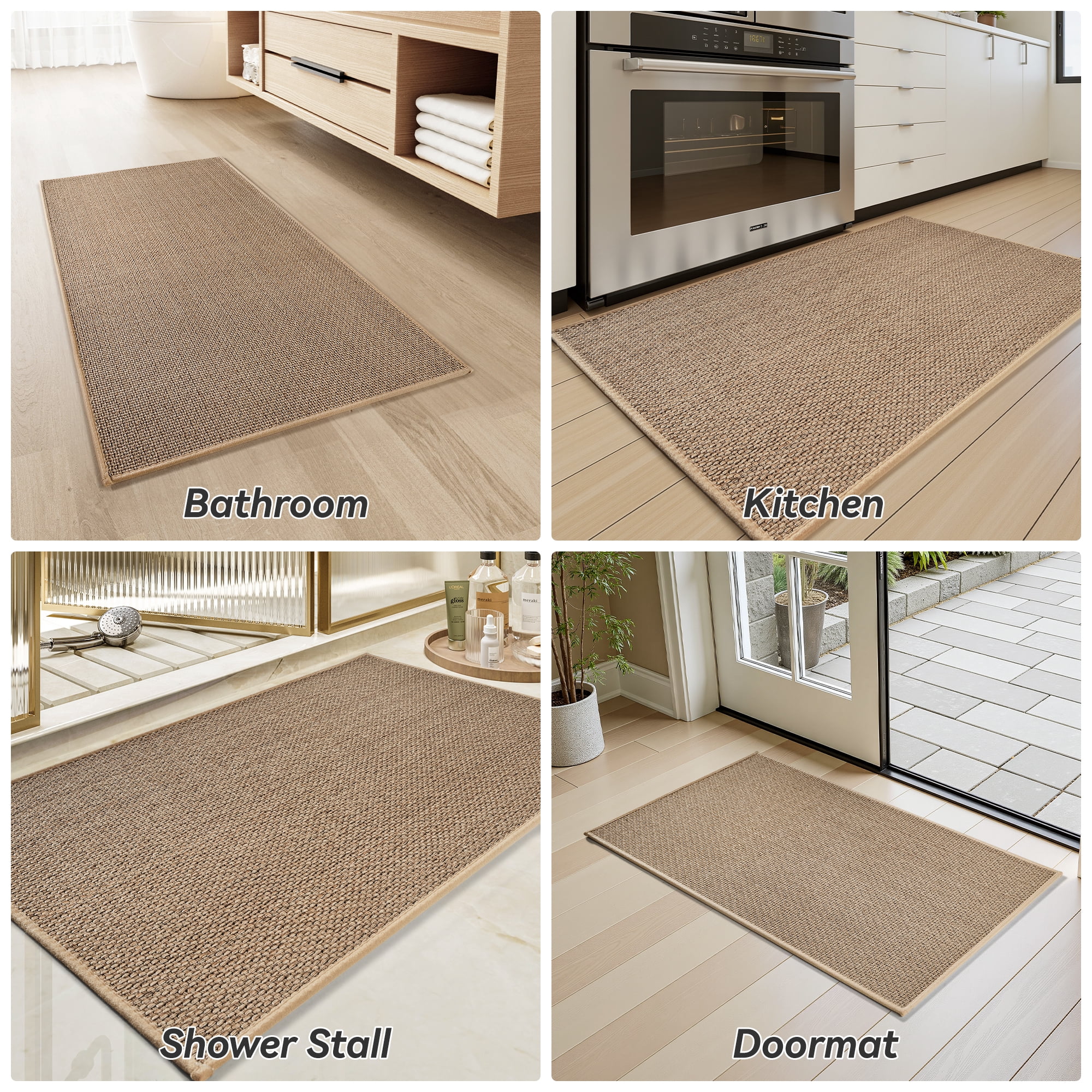 SIXHOME Bathroom Rug Set of 2 Non Slip Bath Mat Super Absorbent Quick Dry Thin Soft Woven Braided Bath Rugs with Rubber Backing Machine Washable Farmhouse Bathroom Mats Fits Under Door 16"x24" Beige