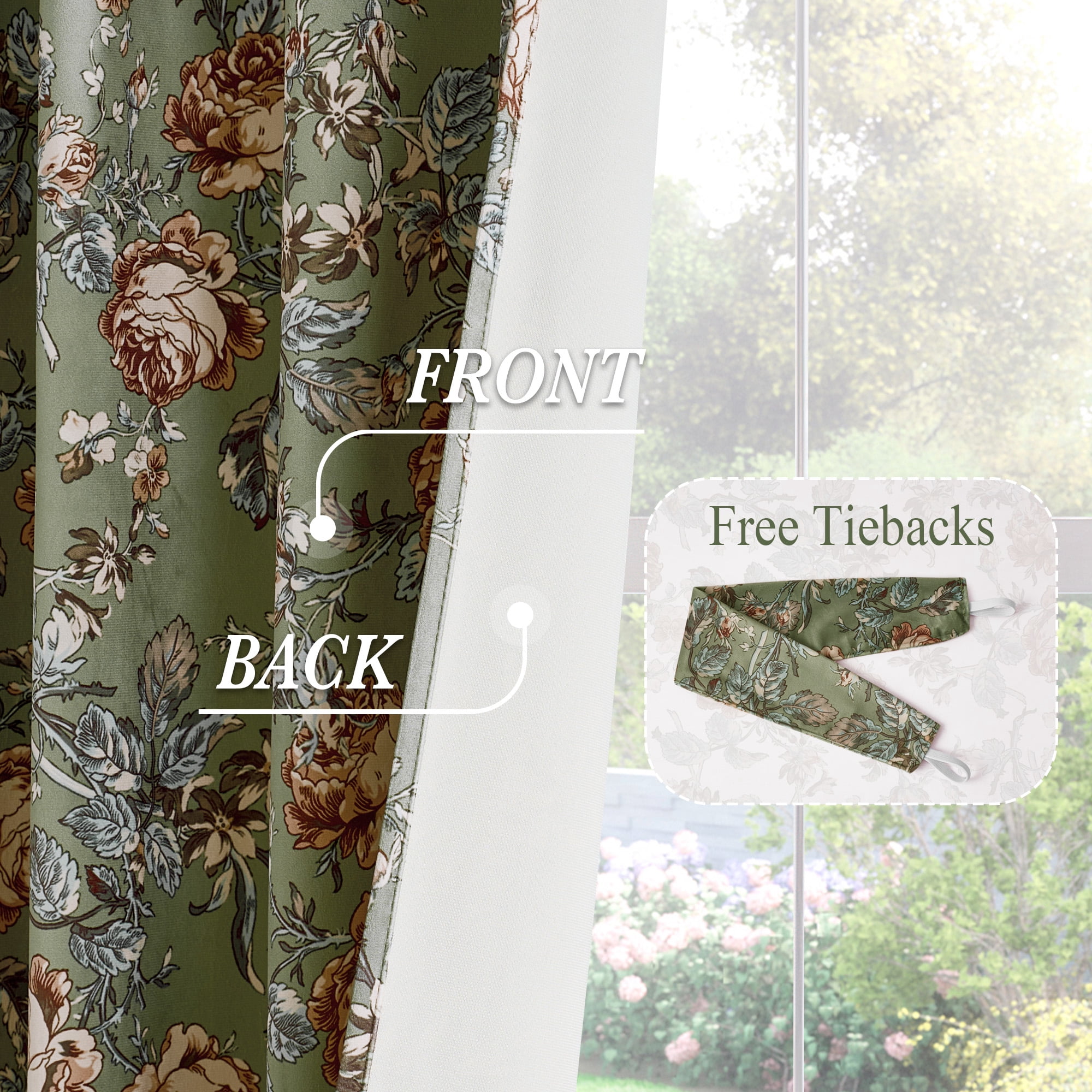 StangH Green Floral Curtains for Living Room, Soft Velvet Peony Print with Cottage Privacy Window Drapes for Living Room, Sage Green, W52 x L84, 2 Panels