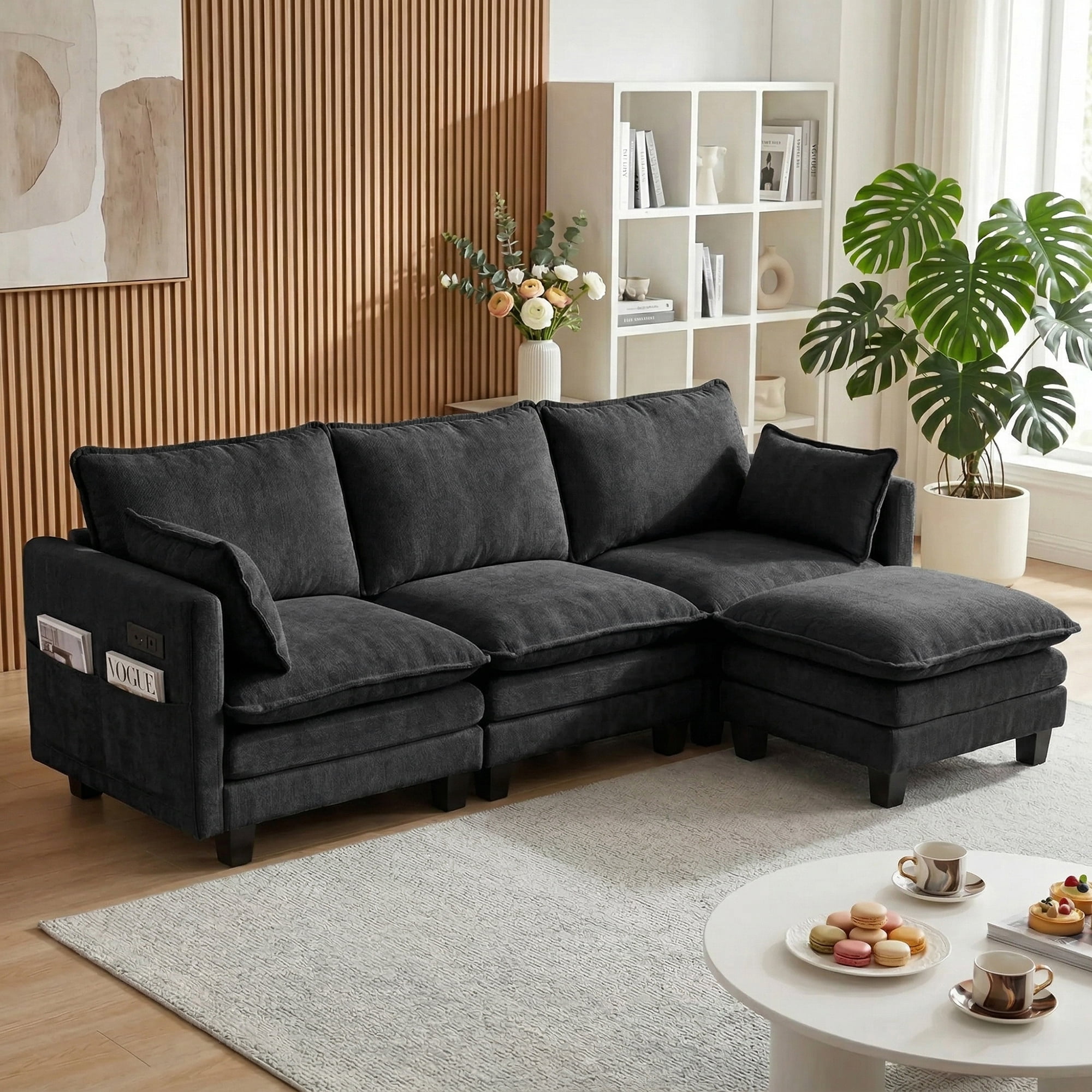 Howcool 110"W Modern Chenille Sectional Sofa with Ottoman,L-Shaped Modular Sofa Couch with USB Ports for Living Room,Black