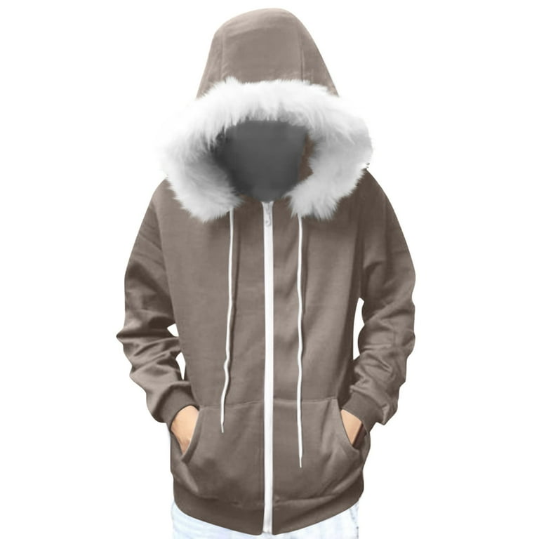 lcziwo Womens Faux Fur Trim Hooded Sweatshirt Jacket Lightweight