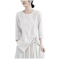 thumbnail image 2 of Mceream Linen Shirts for Women Loose Fit 3/4 Sleeve Summer Cotton Vintage Tunic Tops Solid Color Blouse Casual Crew Neck Irregular Hem Tees Shirts Plus Size Clothes White XL, 2 of 4