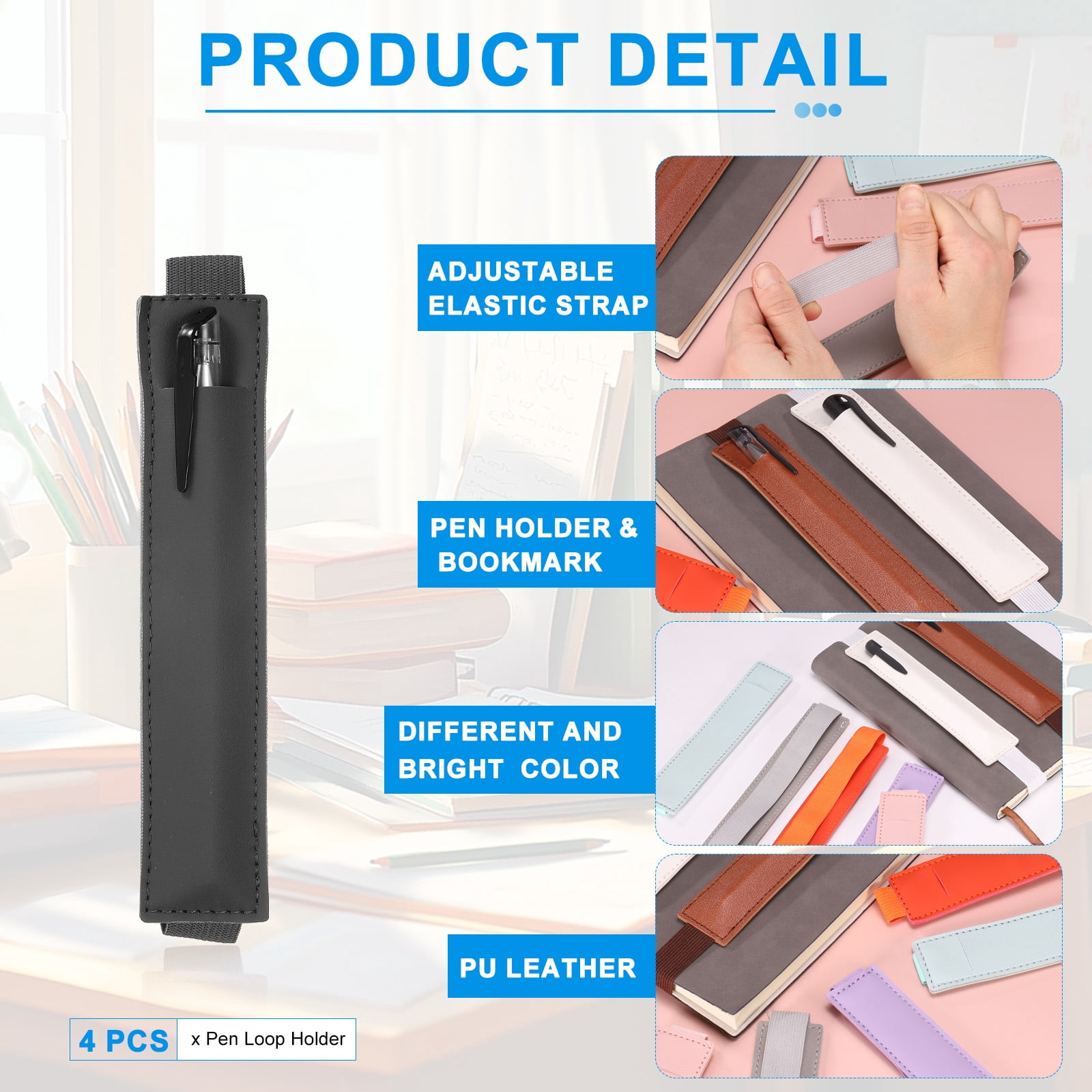 Unique Bargains Adjustable Pen Loop Holder Pencil Sleeve with Elastic Strap Black