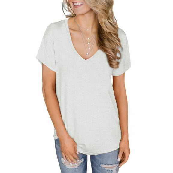 ONLYSHE Womens Summer V Neck T Shirts Short Sleeve Loose Fit Basic Tunic Tops Blouse