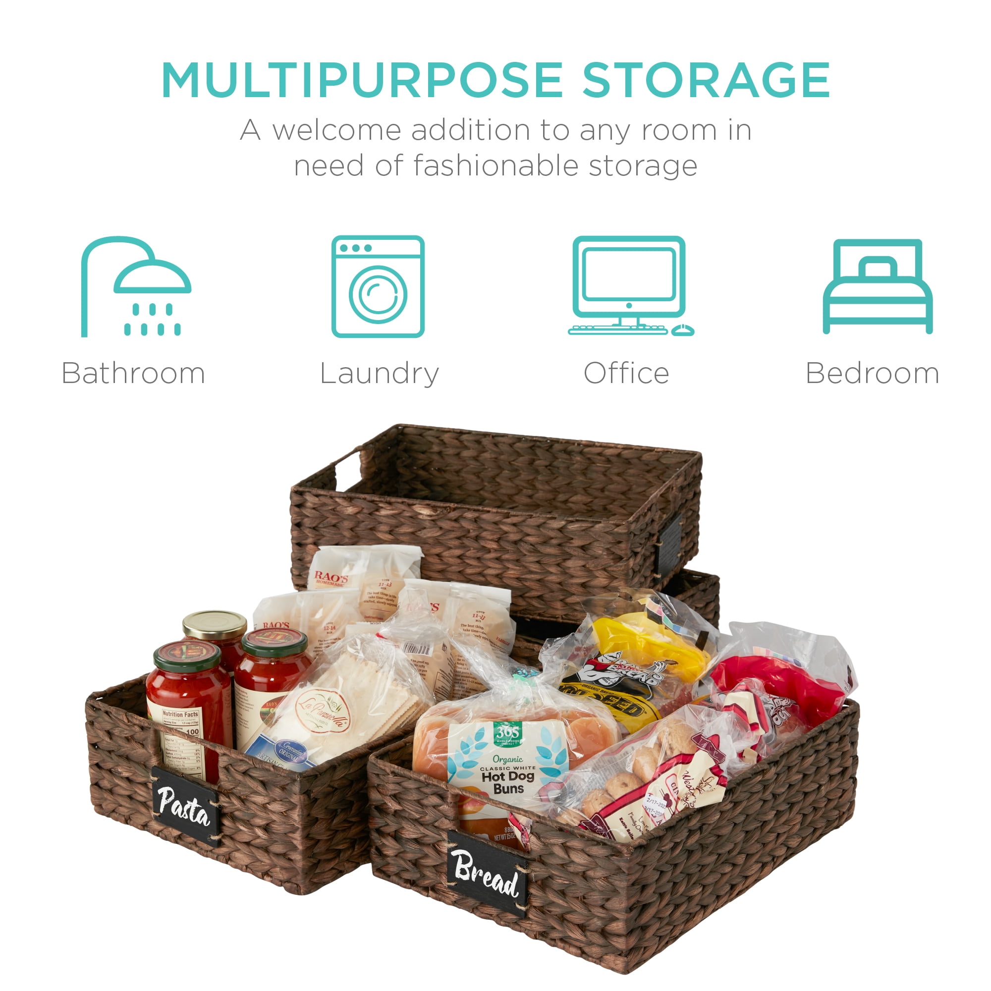Best Choice Products Set of 4 16x12in Woven Water Hyacinth Pantry Baskets w/ Chalkboard Label, Chalk Marker - Brown