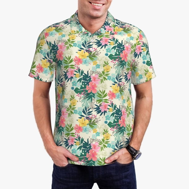 Fotbe Tropical Flowers Camiseta Polo de Golf para Hombre con Estampado – Camisa Deportiva Transpirable con Cuello Abotonado-X-Large