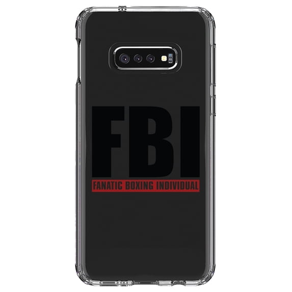 DistinctInk Clear Shockproof Hybrid Case for Samsung Galaxy S10e (5.8" Screen) - TPU Bumper Acrylic Back Tempered Glass Screen Protector - FBI Fanatic Boxing Individual
