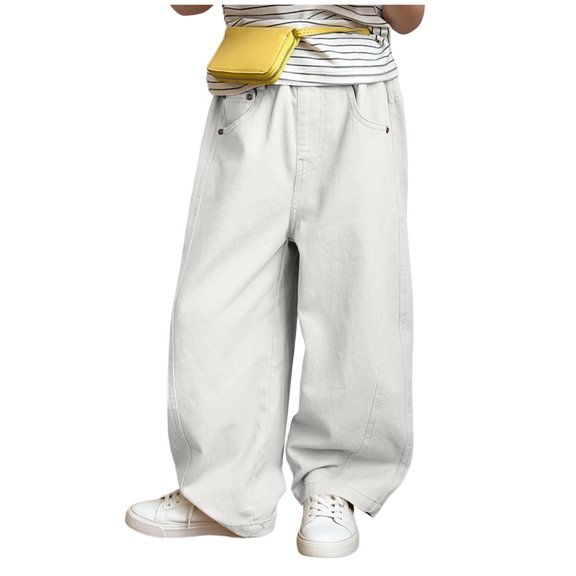 Ixbnca Girls Long Pants Baggy Elastic High Waist Pockets Cotton Pants Comfort Wide Leg Solid Color Trousers