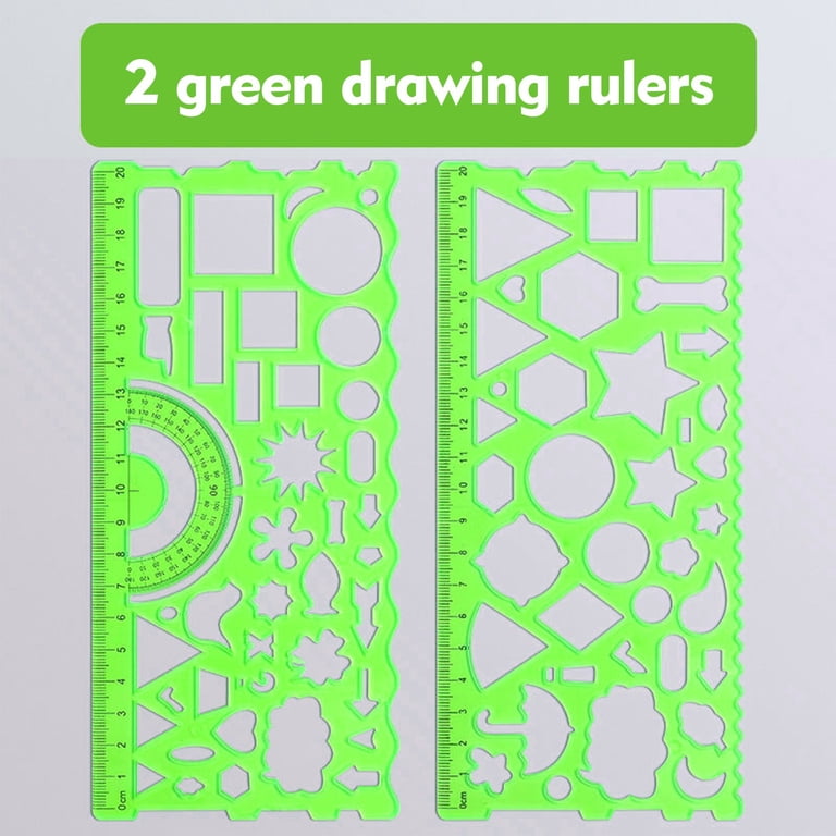 2-Pack Plastic Geometric Drawing Templates - Green Measuring Rulers For School & Office