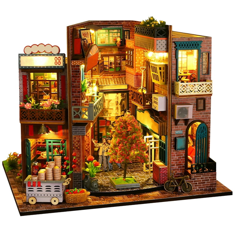 ROBOTIME DIY Dollhouse Wooden Miniature Furniture Kit Mini Green House with  LED Best Birthday Gifts