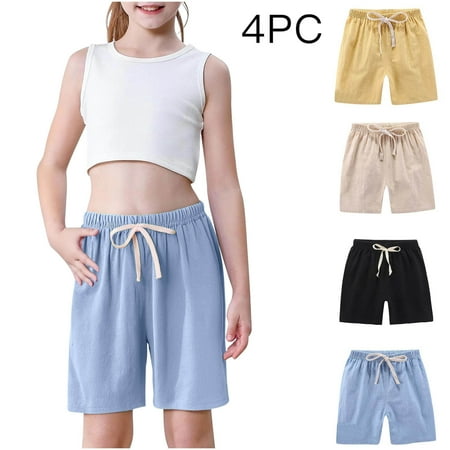 AHTJRT 4 Pack Workout Linen Shorts for Kids Spring Lightweight Breathable Gym Running Linen Shorts Elastic Waist Drawstrings Capri Pants Yellow#05 11-12 Years