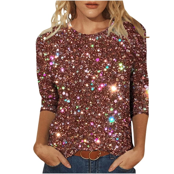 Alkepwun Sequin Tops for Women Shimmering Sparkly Crew Neck 3/4 Sleeve Slim Fit Pullover Top Soft Lightweight Breathable Holiday Evening Wear