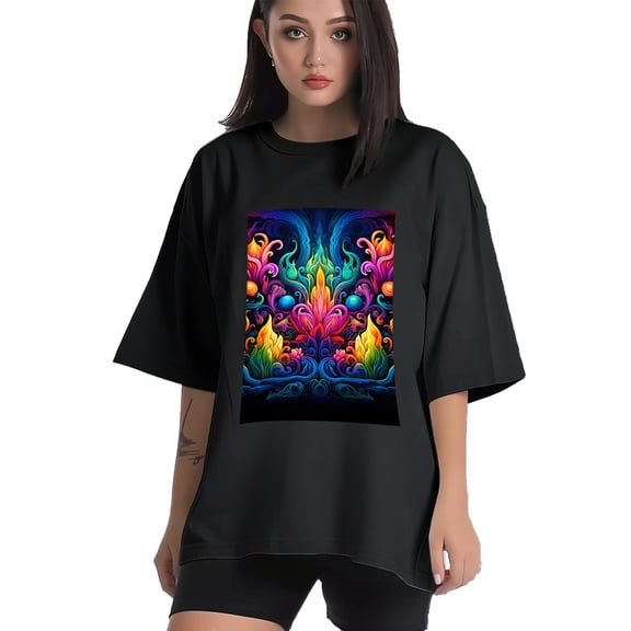 Plus Size Shirt for Women Black Tops for Women Short Sleeves Shirt for Women Neon Psychedelic Abstract2 T Shirt Crewneck Shirt for Women XS