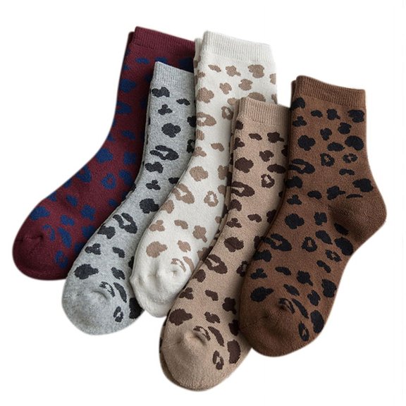 XISAOK 5 Pairs Women Novelty Cotton Crew Socks Spotted Leopard Animal Pattern Terry Thick Warm Vintage Tube Hosiery Stockings