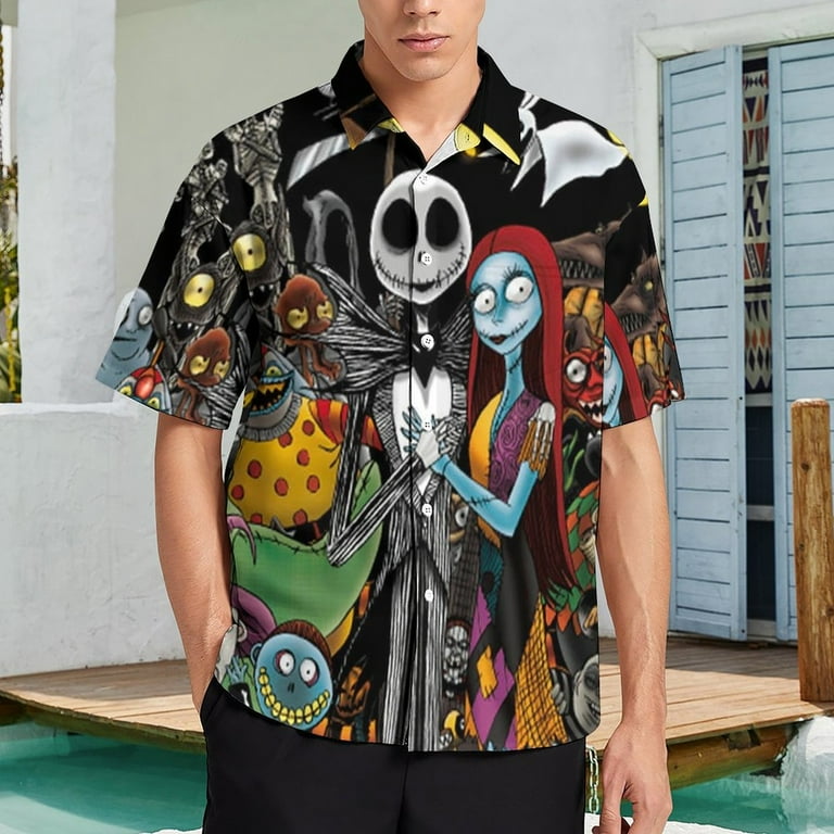 Mens Nightmare Before Christmas Button Down Short Sleeve Dress Shirt Novelty Hawaiian Holiday Summer Funny Tops
