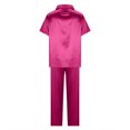 thumbnail image 4 of Besolor Women's Silk Satin Pajamas 2 Piece Outfits Short Sleeve Button down Shirt and Wide Leg Pants Sets Sleepwear Pjs Hot Pink, 4 of 5
