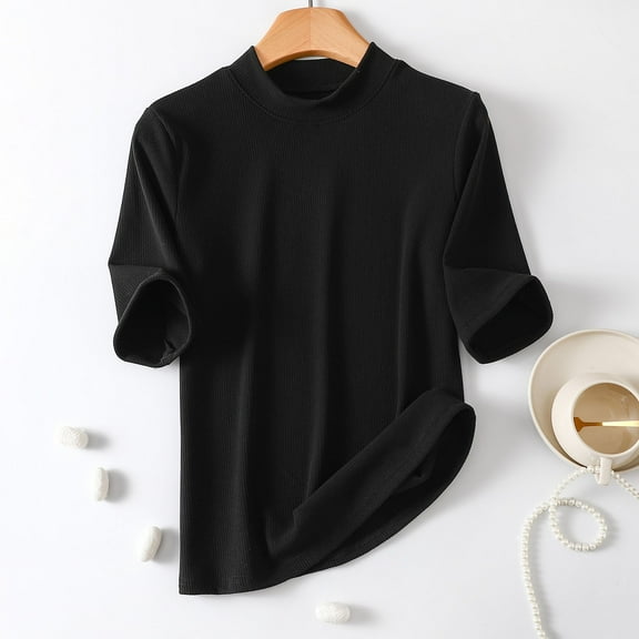 Odbmxy Elbow-Length T Shirts for Women Trendy Summer Women's Plus Size Tops Basic Holiday Leisure Relaxed Fit Plain Tops,Black 3XL