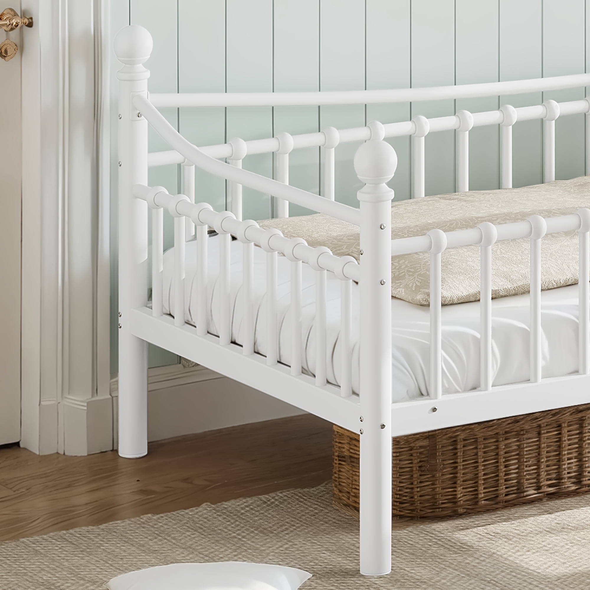 Leumius Twin XL over Twin XL Metal Bunk Bed with Unique Curved Guardrail Design, Round Tube Bunk Bed Frame, Metal Bunk Bed Frame for Kids Teens Adults White